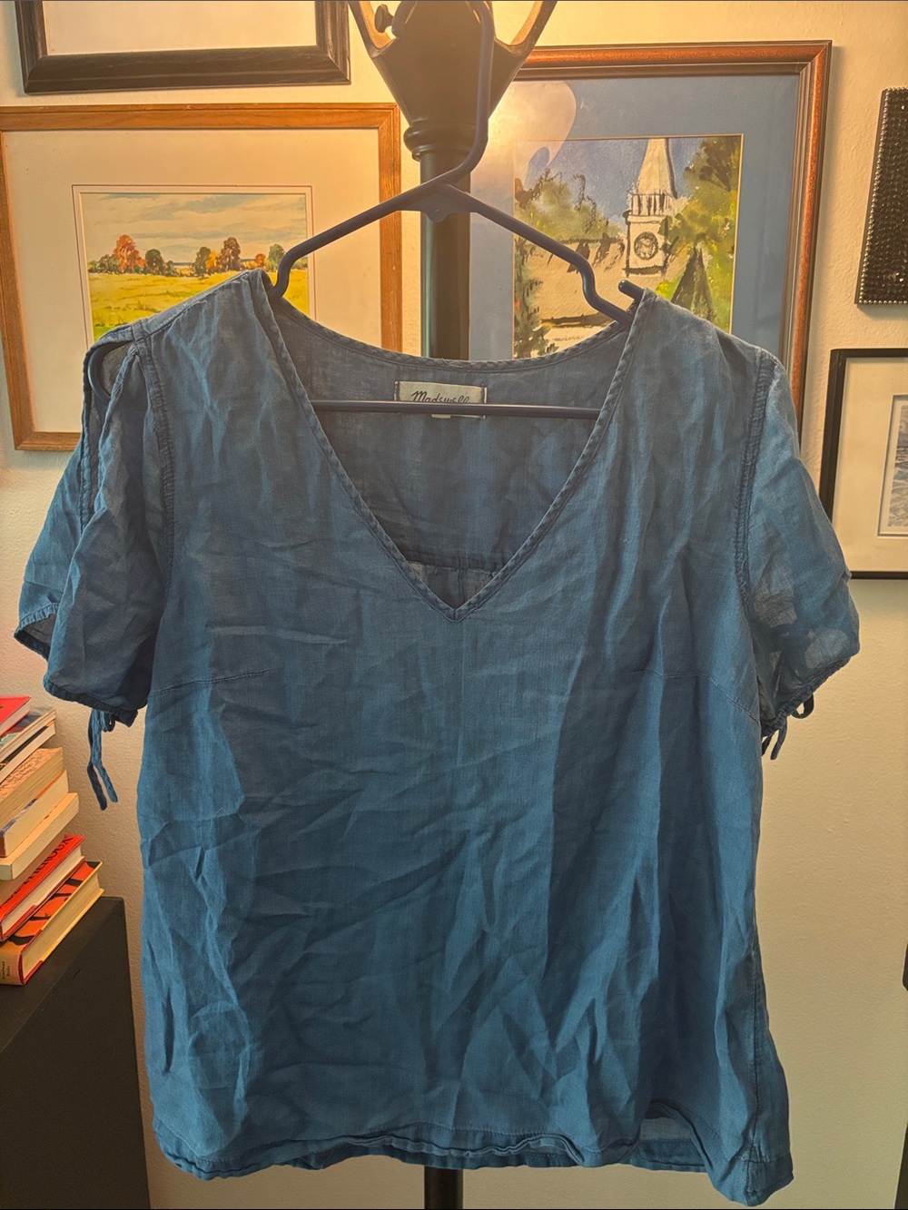 Madewell Indigo V-Neck Short Sleeve Linen Top